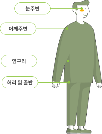 눈주변, 어깨주변, 옆구리, 허리 및 골반